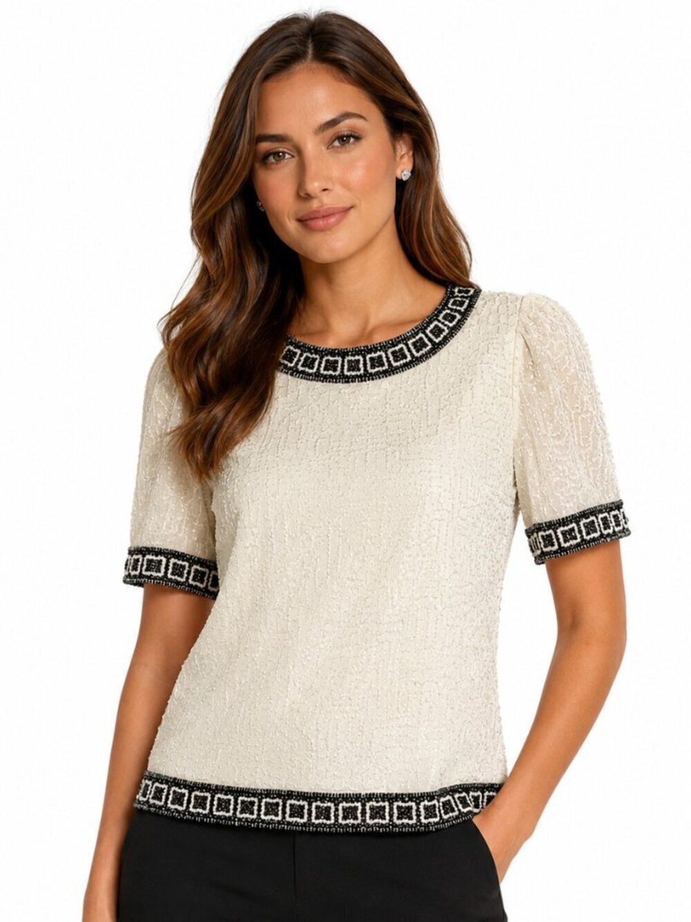 Vintage Laurence Kazar Beaded Ivory Black Short Sleeve Top